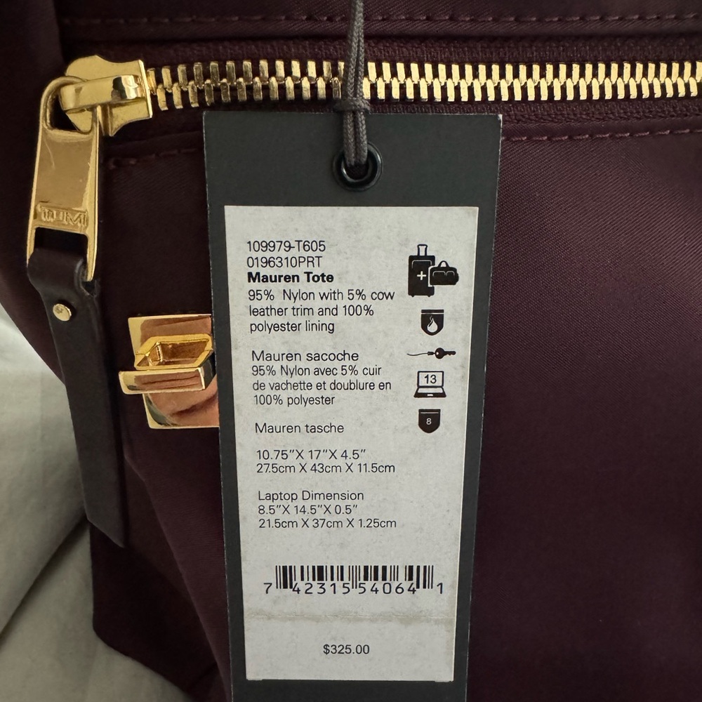 🔥 SOLD 🔥 NWT Tumi Mauren Tote in Burgundy with gold hardware